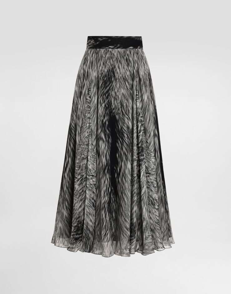 Dolce & Gabbana Longuette-Tellerrock aus Chiffon mit Fellprint Grau F4C2VTIS1X3
