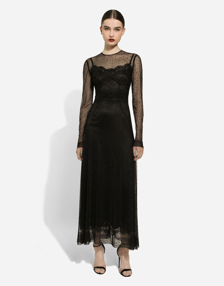 Dolce & Gabbana Long tulle dress with fusible rhinestone embellishment Black F6DEZTFLSIT