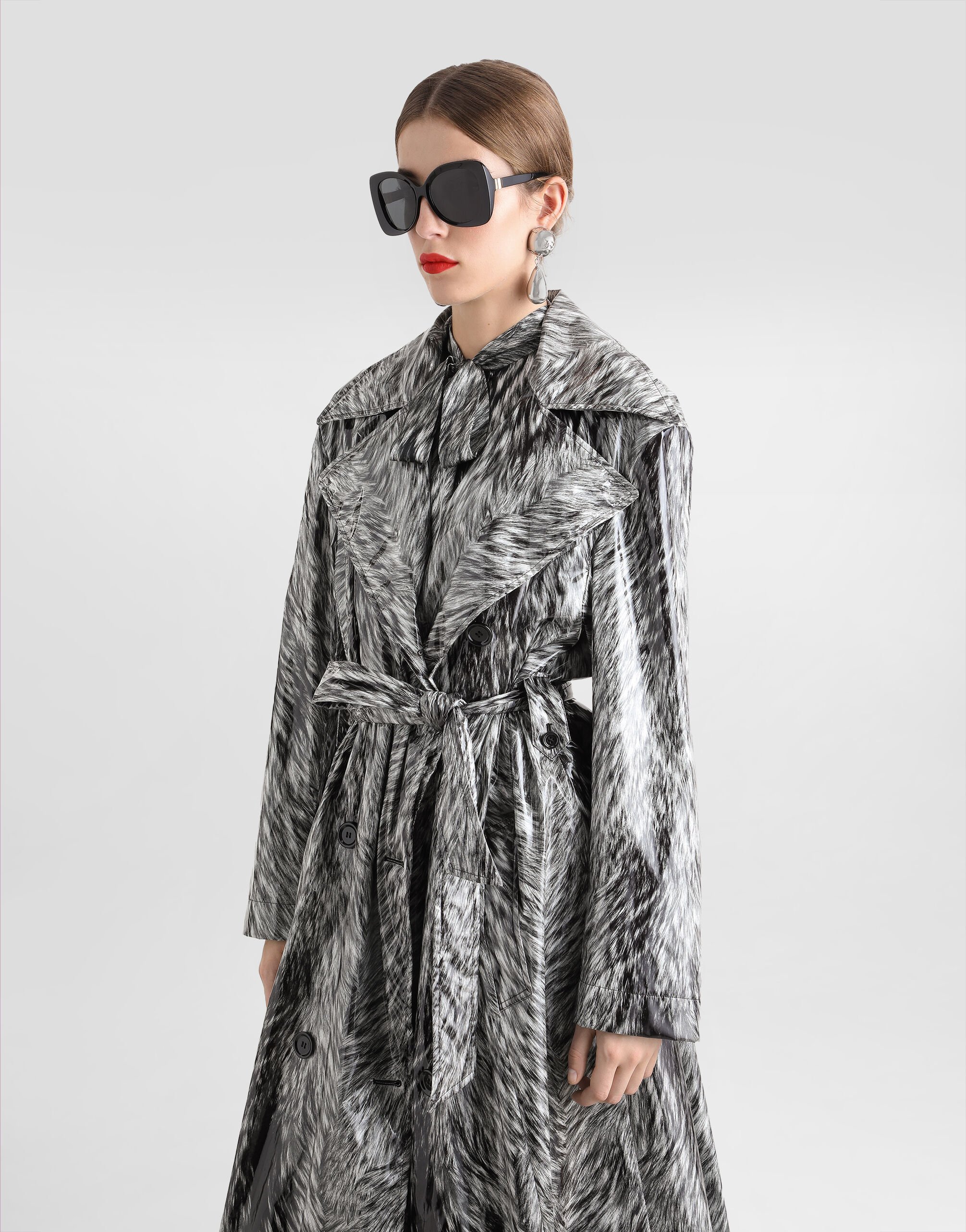 Fur-print coated satin trench coat in Grey for Women