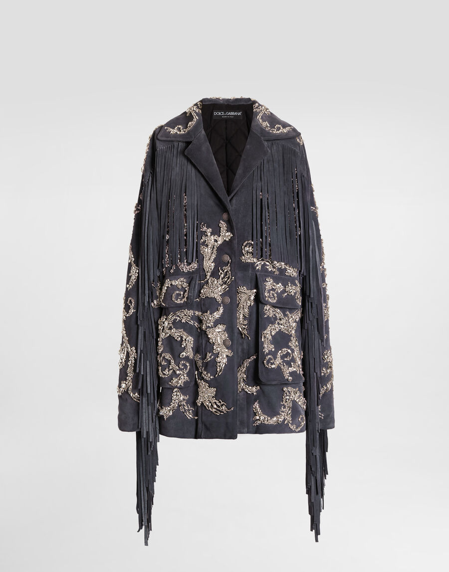 Embroidered split leather jacket