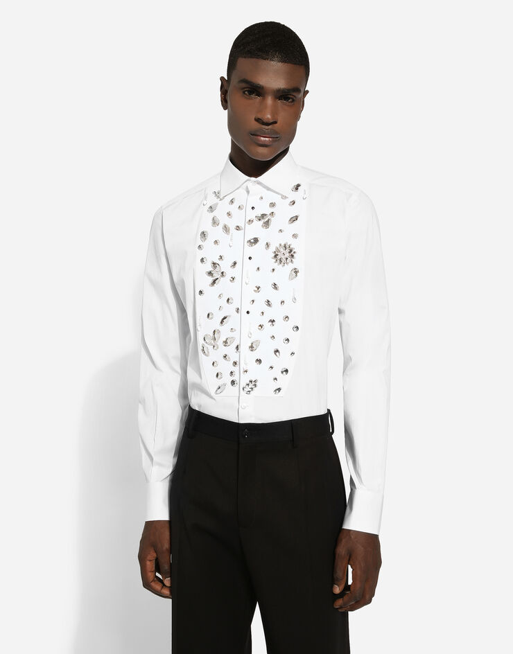 Dolce & Gabbana Gold-fit tuxedo shirt with rhinestone embroidery Blanco G5EN5ZFU5T9