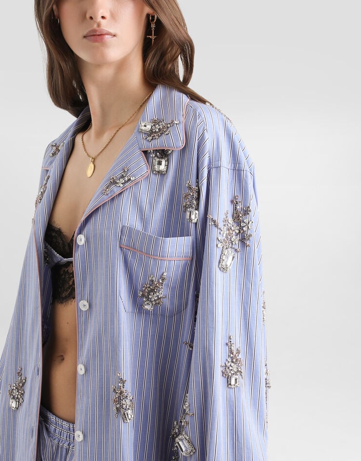 Dolce & Gabbana Camisa en algodón con bordado floral de cristales Multicolor F5U28ZGDDSN