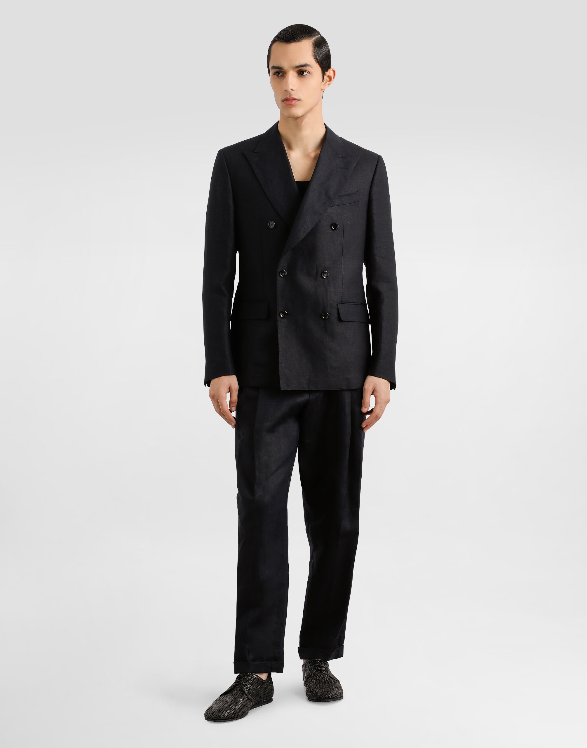 Double-breasted linen fabric jacket in Black for Men