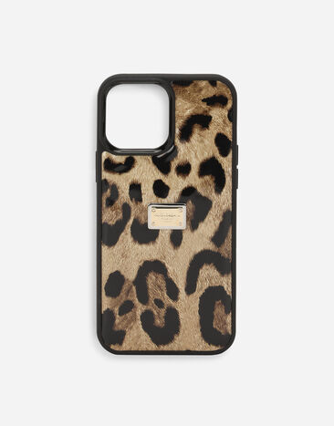 Dolce & Gabbana Cover für iPhone 14 Pro Max aus glänzendem Kalbsleder mit Leopardenmuster-Aufdruck Gelb BI3314AT880