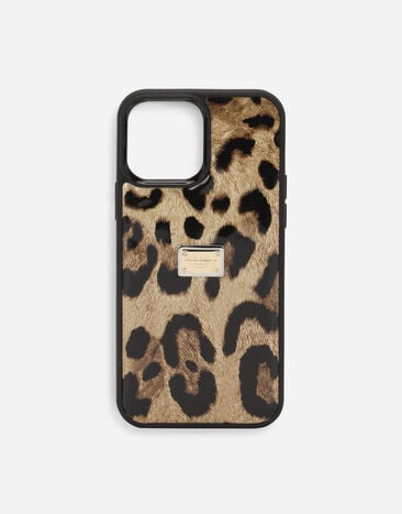 Dolce & Gabbana Coque pour iPhone 14 Pro Max en cuir de veau brillant à imprimé léopard Noir BI3265AG816