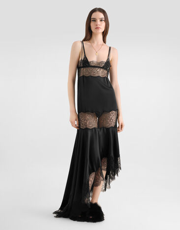 Dolce & Gabbana فستان من ساتان بأشرطة دانتيل Black F616ZTFU1AU