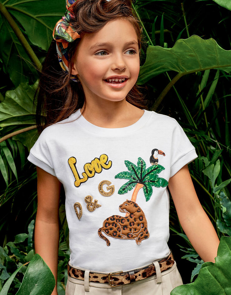 Dolce & Gabbana JERSEY T-SHIRT WITH TROPICAL ANIMAL PATCHES BLANCO L5JTCVG7WOP