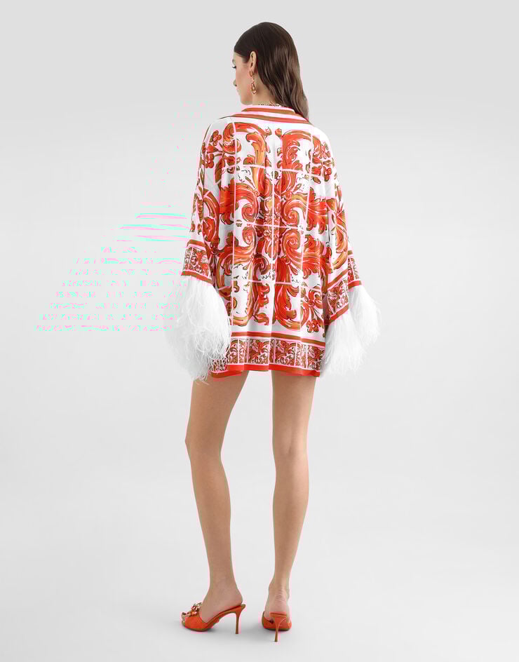 Dolce & Gabbana Majolica-print charmeuse shirt with feather trim Multicolor F5T75ZGDDRJ