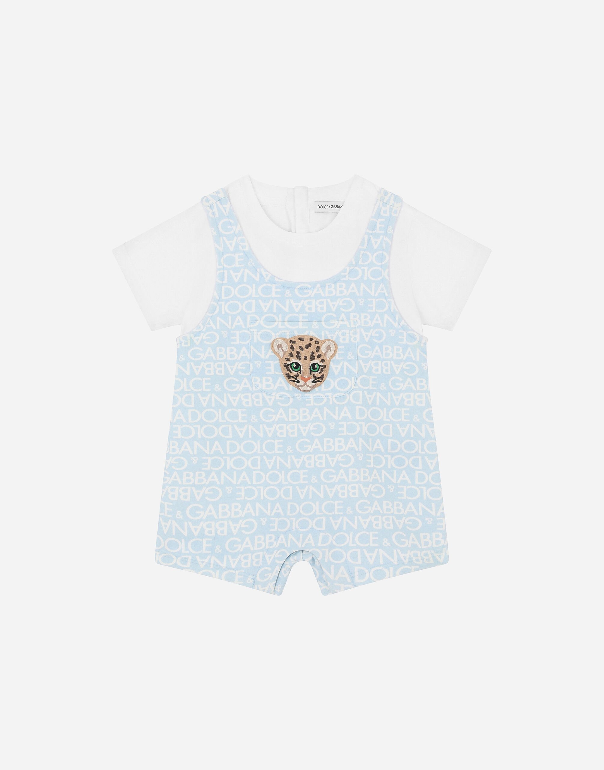 Dolce & Gabbana Short-sleeved jersey romper suit with all-over logo print and patch Azul Claro L1JO6ZG7L0U