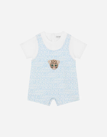 Dolce & Gabbana Short-sleeved jersey romper suit with all-over logo print and patch Azure L11O96G7O1Y