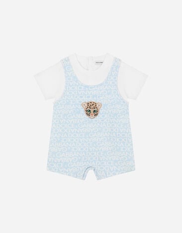Dolce & Gabbana Short-sleeved jersey romper suit with all-over logo print and patch White L11O76G7BZU
