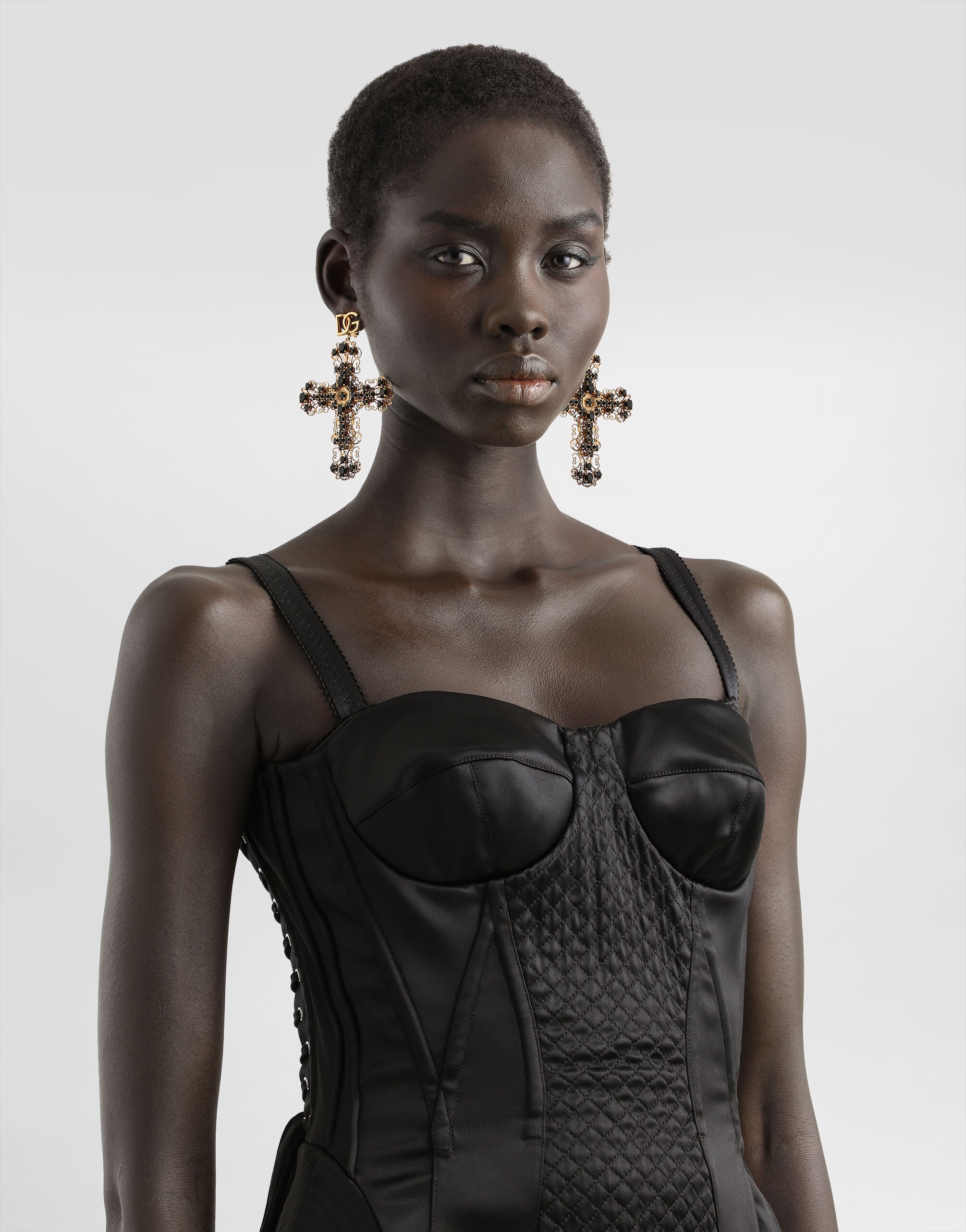 Strapless satin dress with corset details in Black for Women