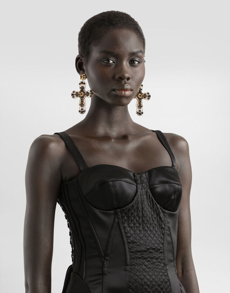 Dolce & Gabbana Strapless satin dress with corset details Black F6TUUTFURAD