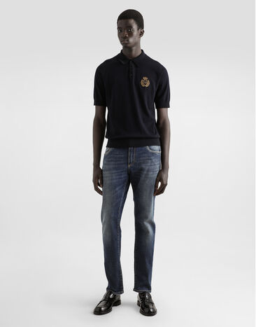 Dolce & Gabbana Cotton polo-shirt with heraldic patch Blue GXZ02ZJBCG3