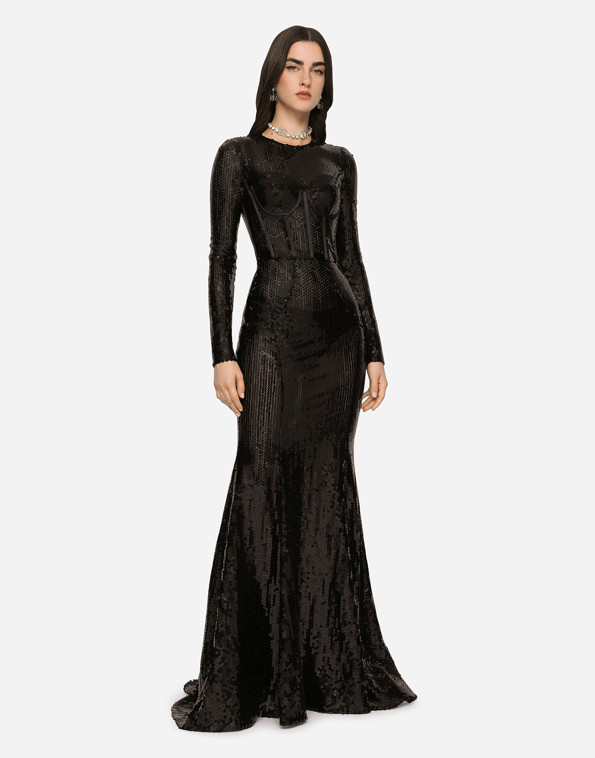 DOLCE&GABBANA　黒ドレス Long sequined dress with corset detailing in Black for Women