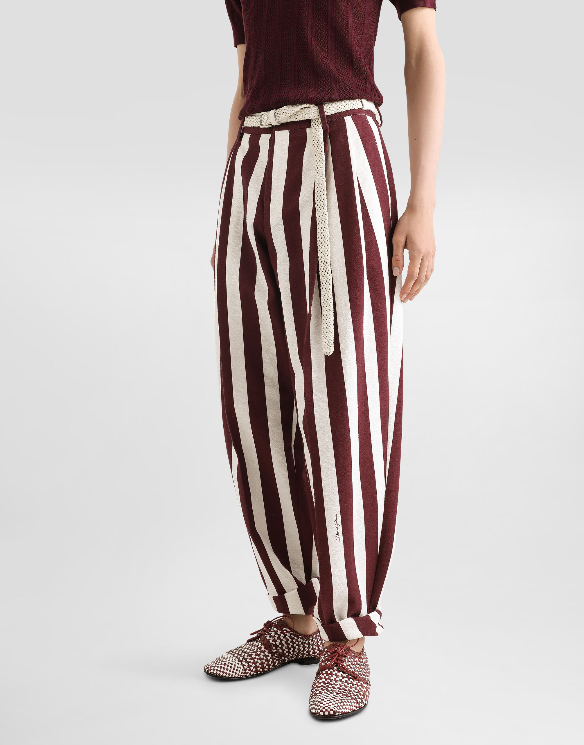 Striped cotton jacquard pants with double darts in Multicolor for