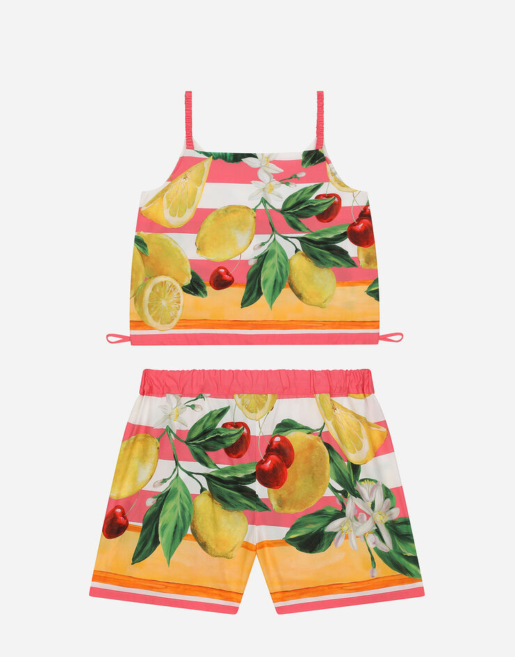 Dolce & Gabbana Conjunto de camiseta y pantalón corto de popelina con estampado de limones y cerezas Imprima L51U09G7L8S