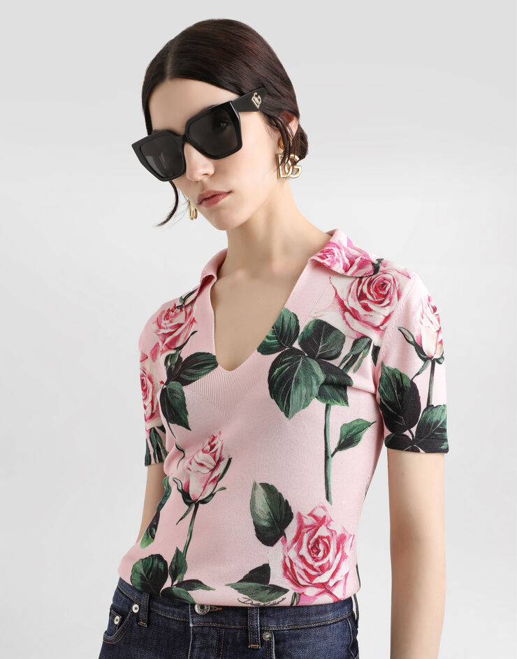 Dolce & Gabbana Rose-print silk sweater with collar Print FXZ21TJAHLC