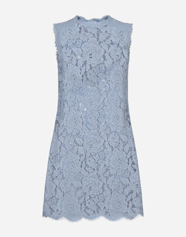 Dolce & Gabbana Sleeveless floral lace A-line dress with DG logo Light Blue BB7652A1037