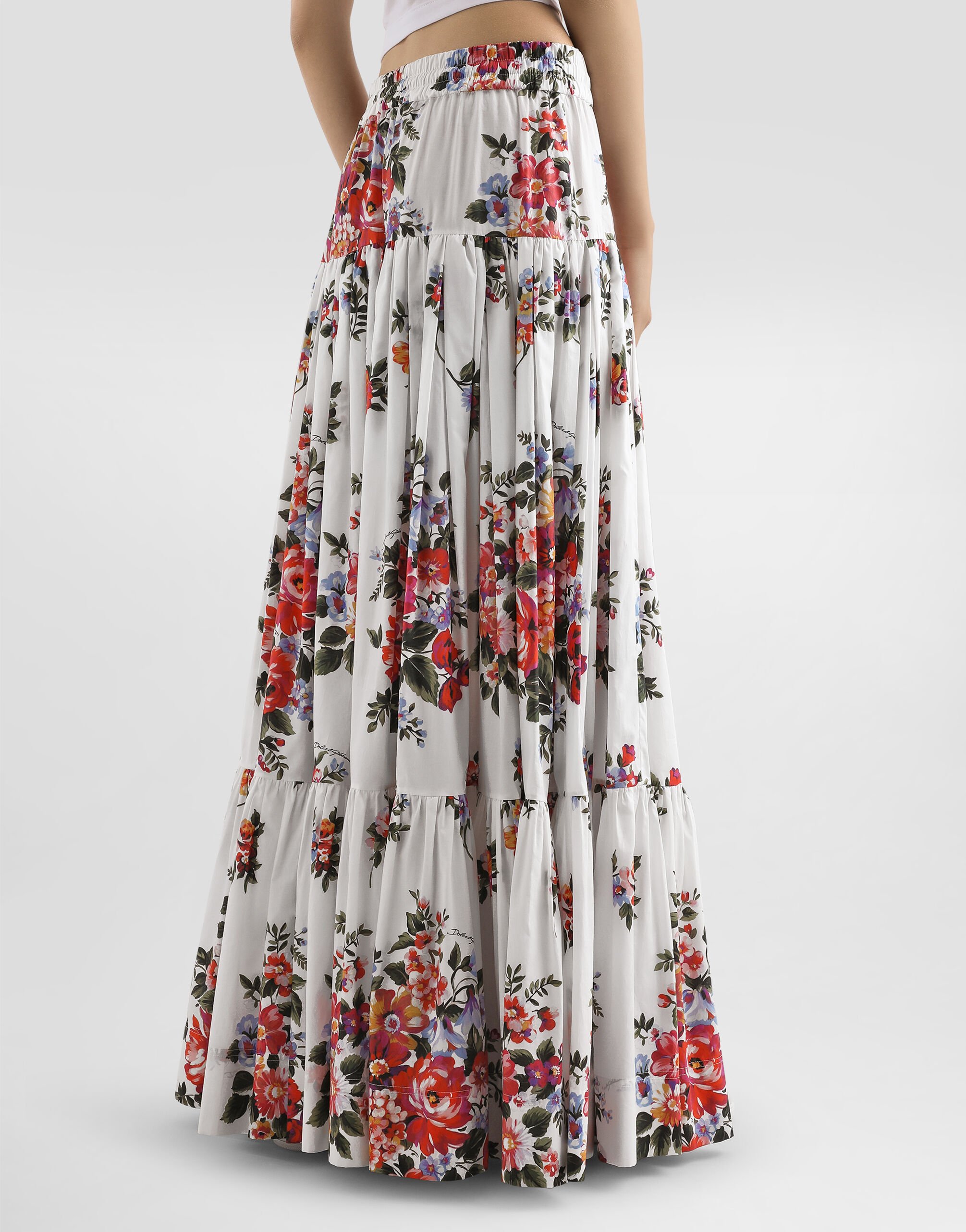 Flower bouquet-print poplin long skirt in Multicolor for Women