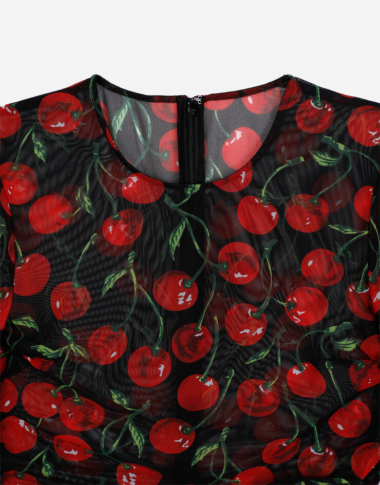Dolce & Gabbana Long-sleeved tulle top with cherry print and draping Multicolor F8U39TFSUA2