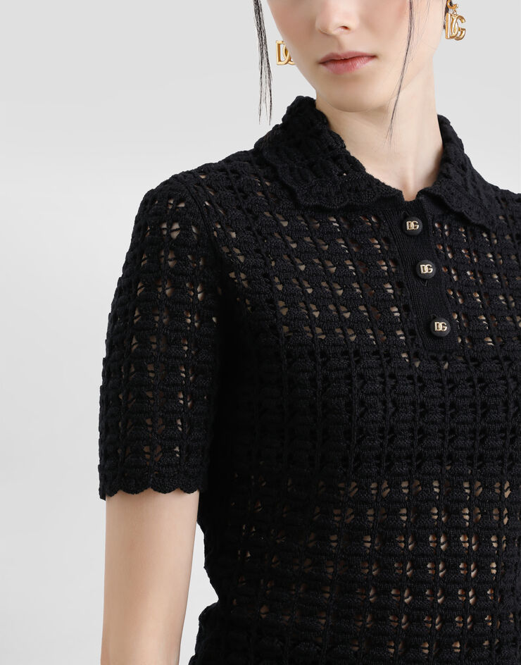 Dolce & Gabbana Polo de lana en punto de encaje Negro FXZ15TJCVWH