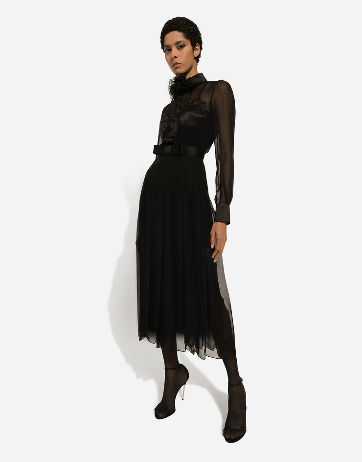Dolce & Gabbana 새틴 디테일 시폰 미드카프 셔츠 드레스 블랙 F6IAJTFU1AT