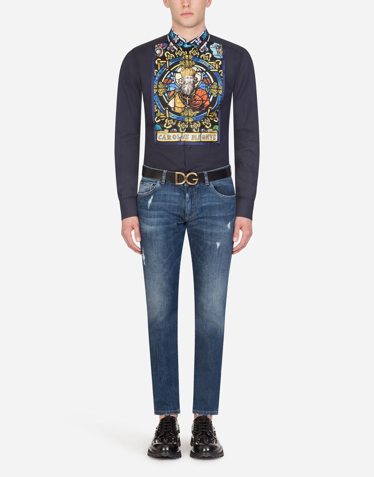 Dolce & Gabbana GOLD COTTON AND PRINTED SILK TUXEDO SHIRT BLUE G5GT1TGEL91
