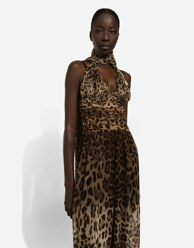 Dolce & Gabbana Langes Kleid aus Chiffon Leoprint Print F6JGUTFS1AR