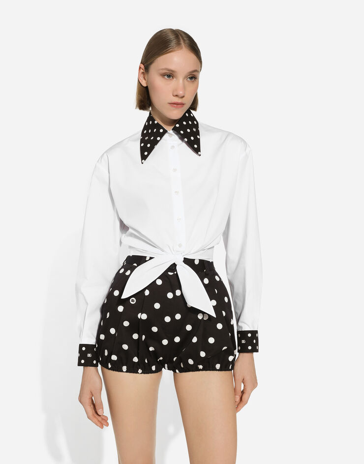 Dolce & Gabbana Cropped cotton poplin shirt with knot detail and polka-dot print White F5P61TGDCMO