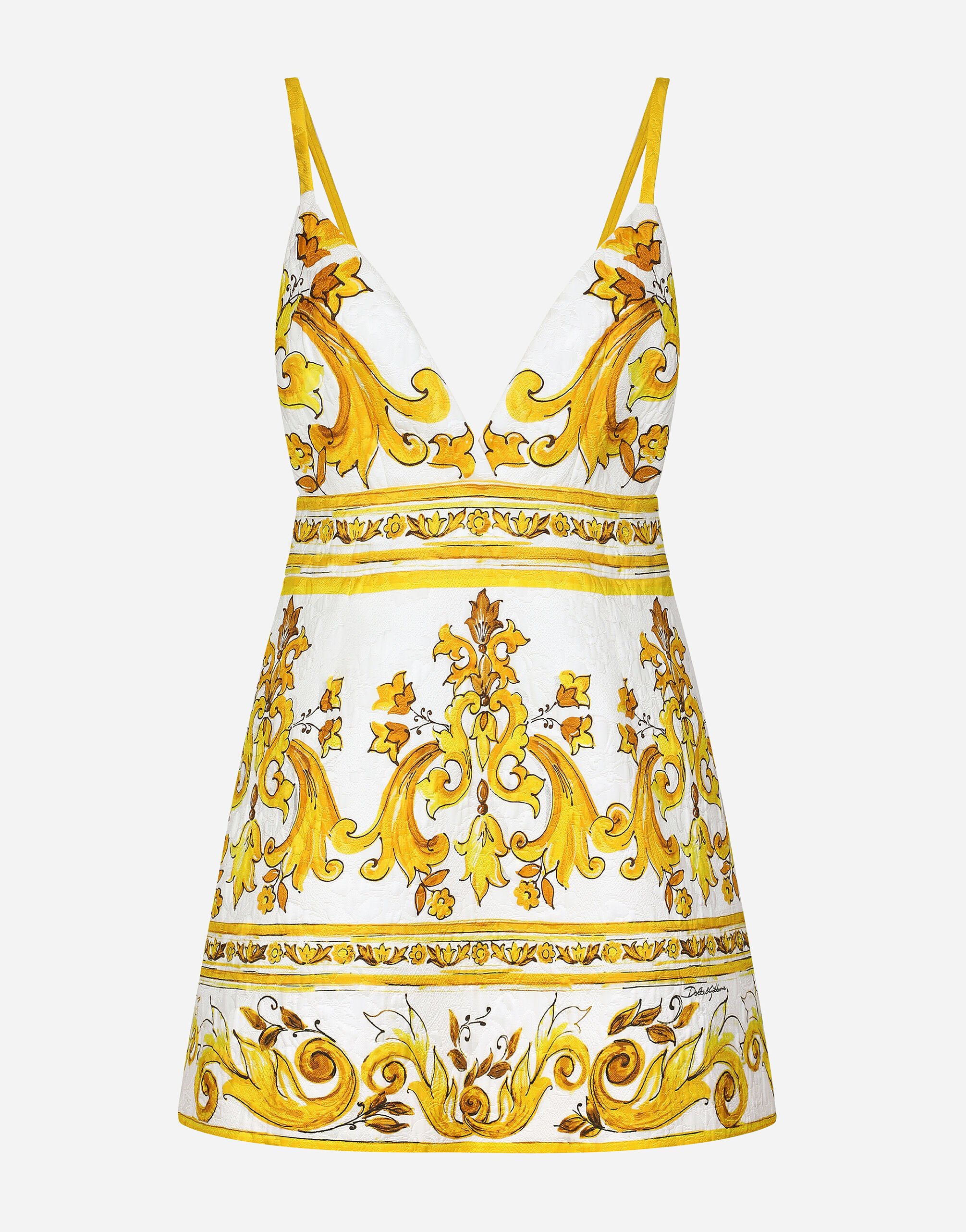 Dolce & Gabbana Vestido corto de tirantes de brocado con estampado Maiolica Amarillo BB6003AW050