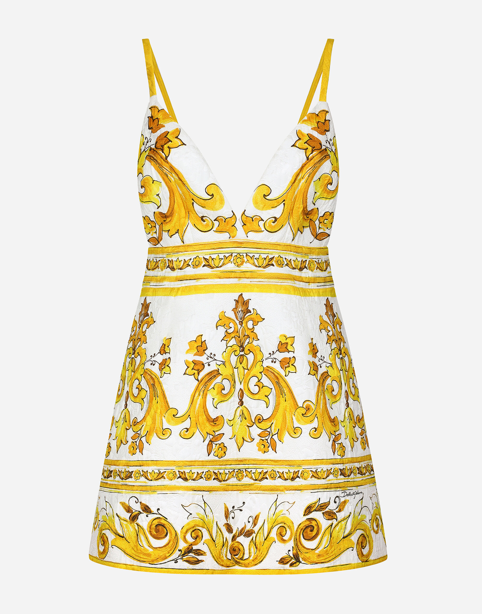 Dolce & Gabbana Kurzes Kleid aus Brokat Majolika-Print mit Trägern Gelb BB6003AW050