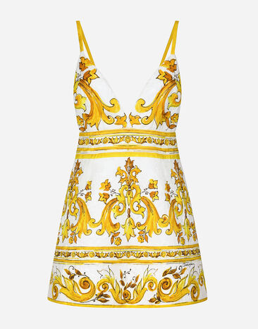 Dolce & Gabbana Vestido corto de tirantes de brocado con estampado Maiolica Imprima F6ADLTHH5A0