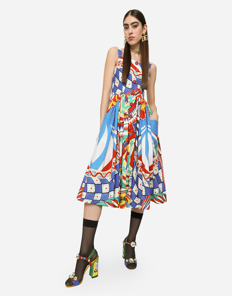 Dolce&Gabbana Vestido longuette de popelina con estampado Carretto Multicolor F6AEATFI5GY
