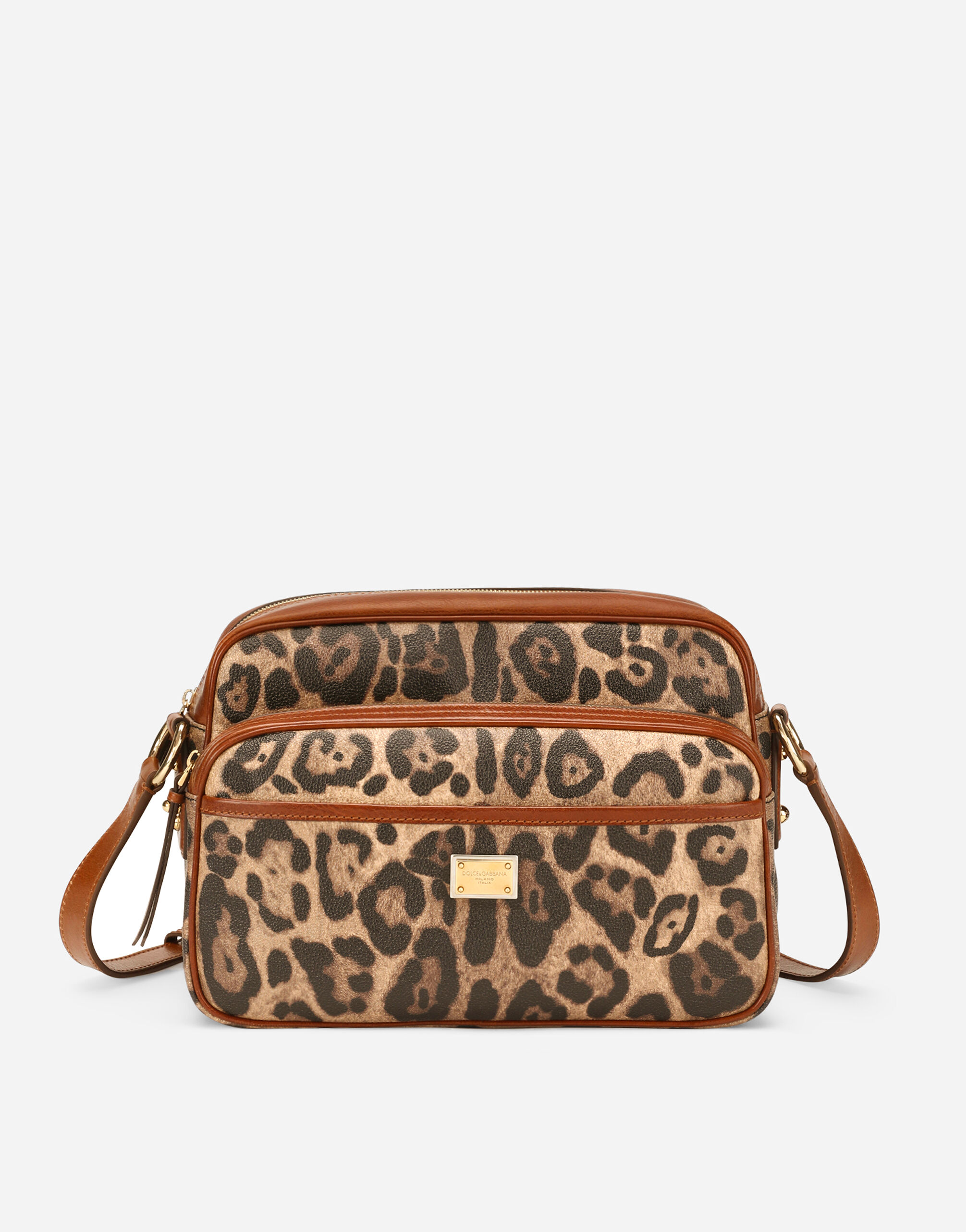 Dolce & Gabbana Bolso de mano en crespo estampado leopardo con placa con logotipo Multicolor BB6933AW384