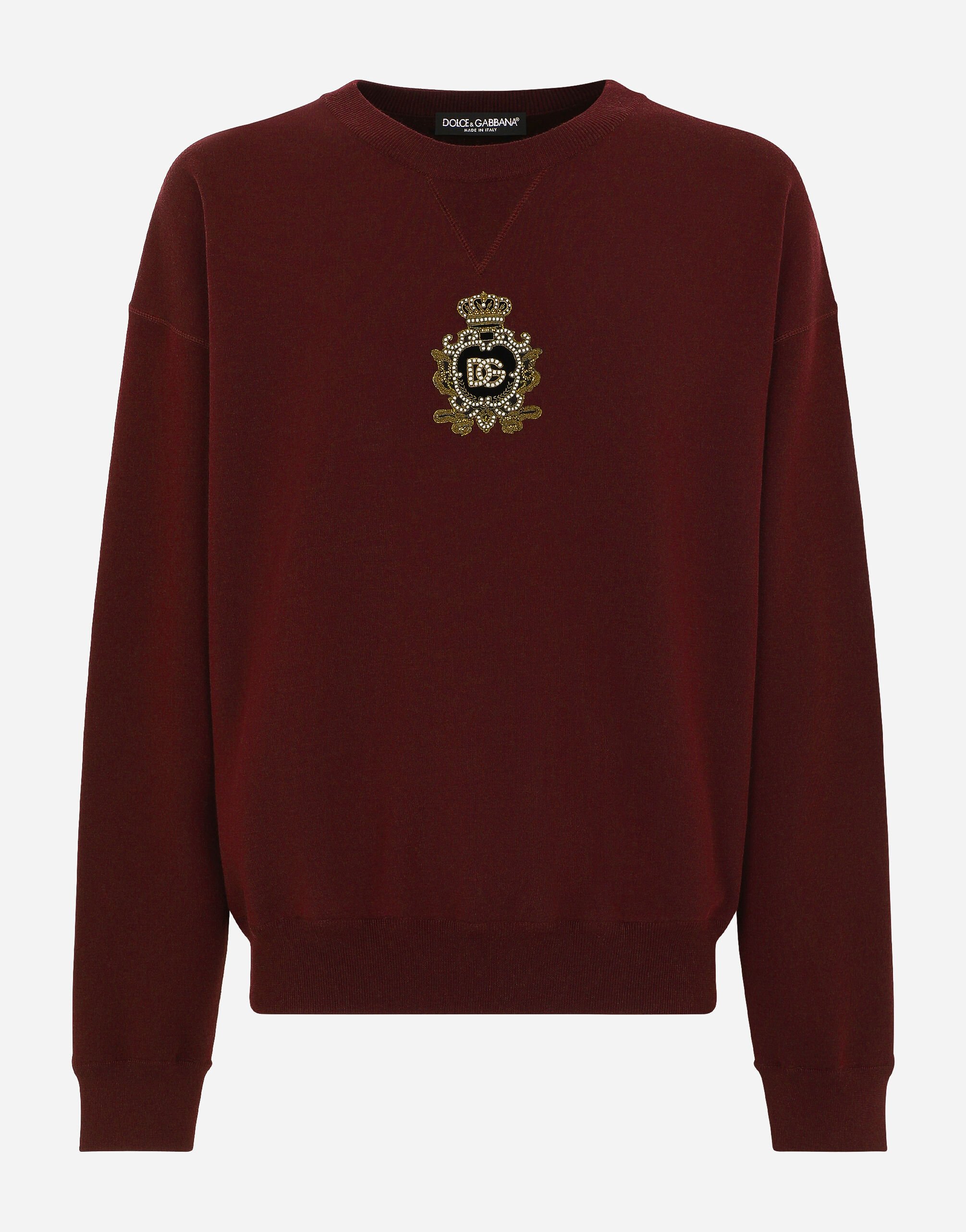 Cashmere and wool knit sweatshirt with DG patch in Bordeaux for Men Dolce Gabbana