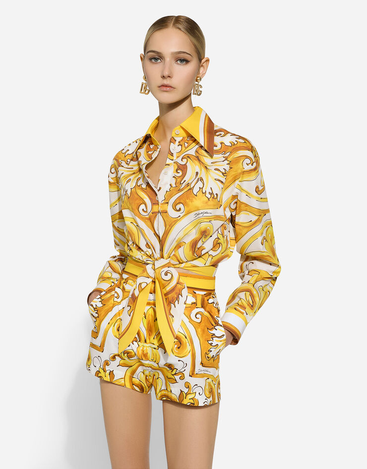 Dolce & Gabbana Cropped cotton poplin shirt with majolica print Print F5S65TFI5JK