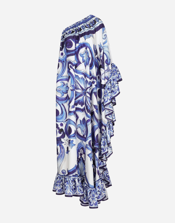 Dolce & Gabbana Long one-shoulder twill dress with majolica print Multicolor F6ADJTHI1BQ