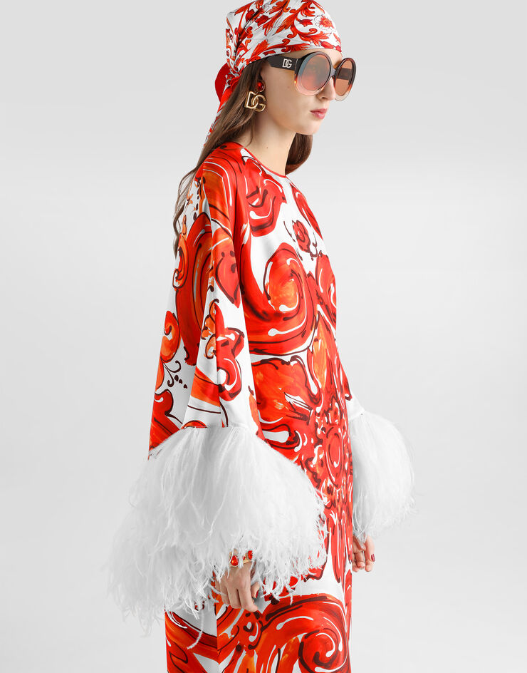 Dolce & Gabbana Majolica-print long kaftan dress with feather trim Multicolor F615FZGDDRE