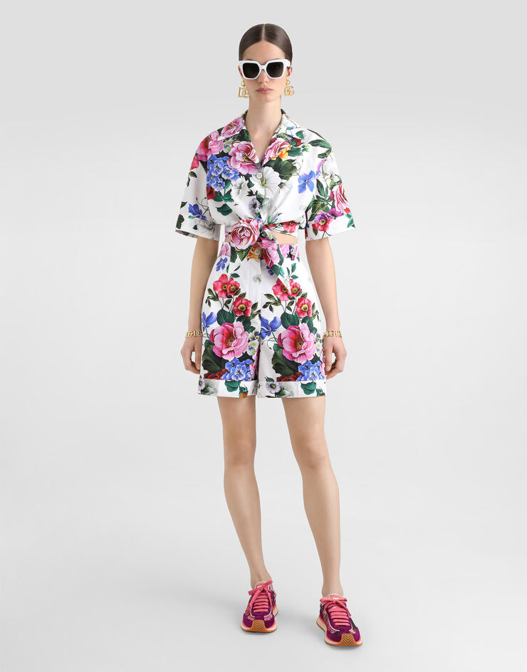 Dolce & Gabbana Cotton pussy-bow shirt with floral print Print F5T30THS5S6