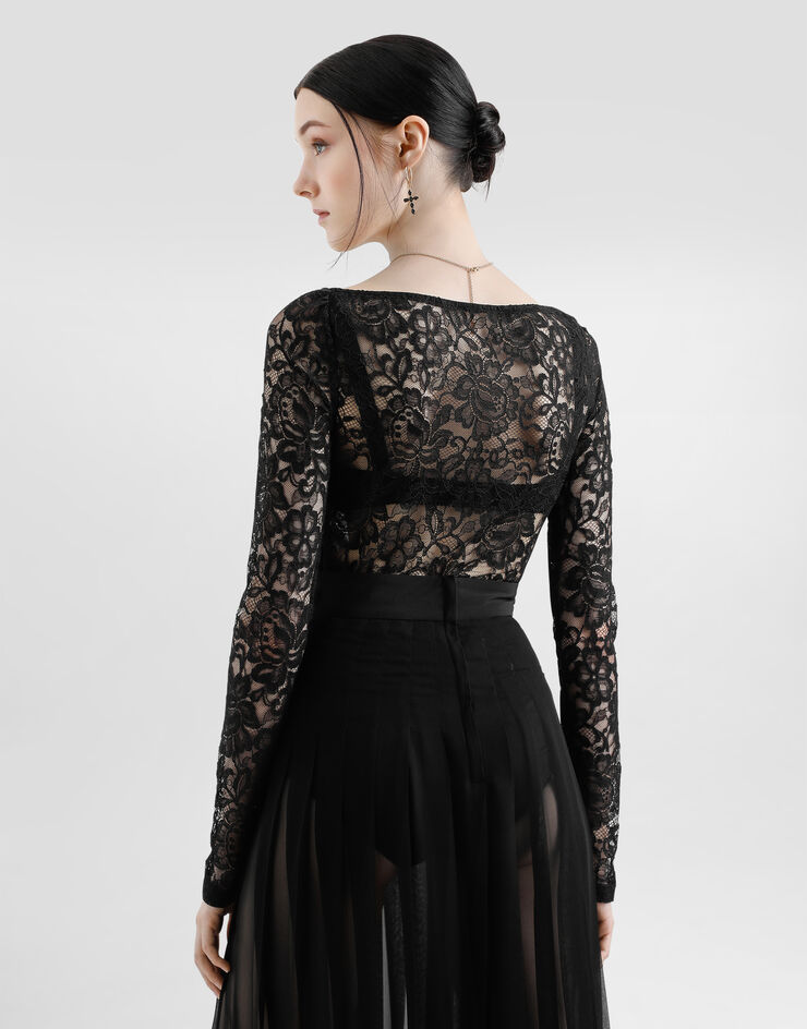 Dolce & Gabbana 花卉蕾丝心形领口上衣 黑 F7AN2THLUAH