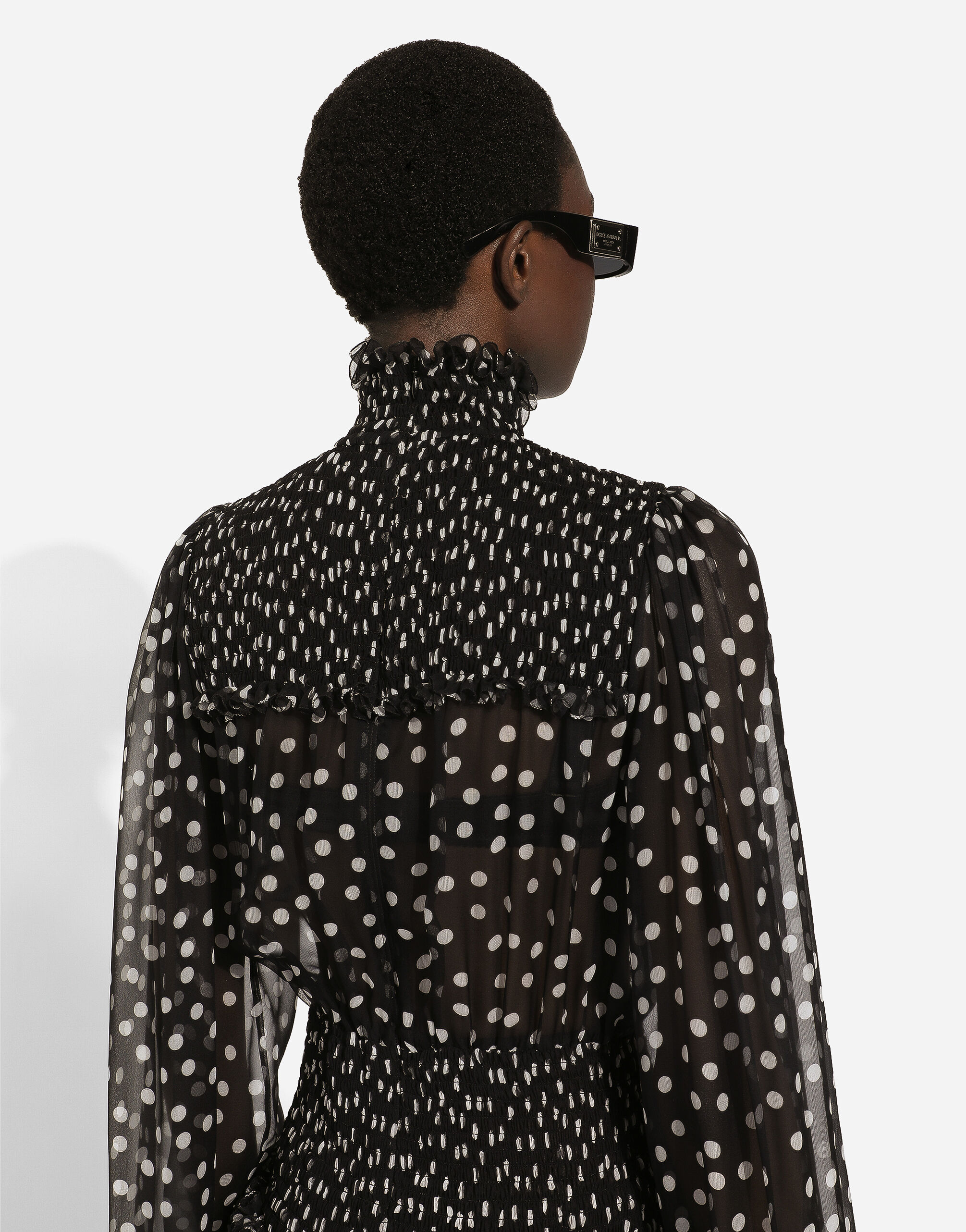 【特別送料無料！】 Chiffon dot micro-polka and stitching smock with dress midi 時計
