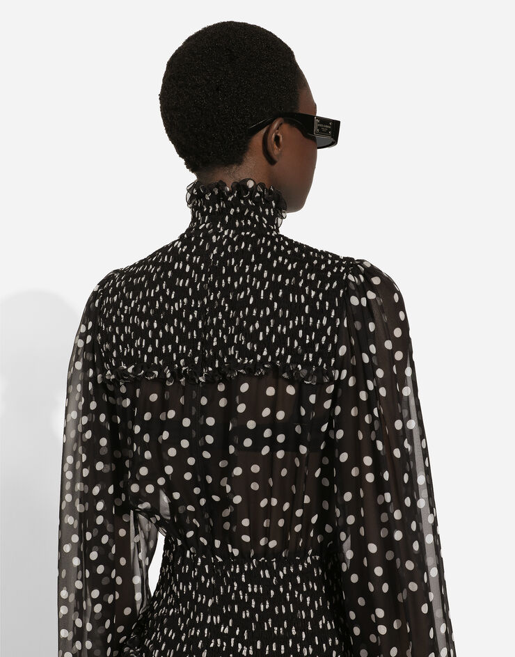 Dolce & Gabbana Abito longuette con punto smock in chiffon stampa micro pois Stampa F6GADTHS1KD