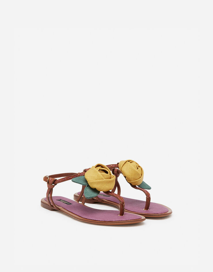 Dolce & Gabbana FLIP FLOPS IN POLISHED COWHIDE WITH ROSE APPLIQUÉ BROWN CQ0336AX070