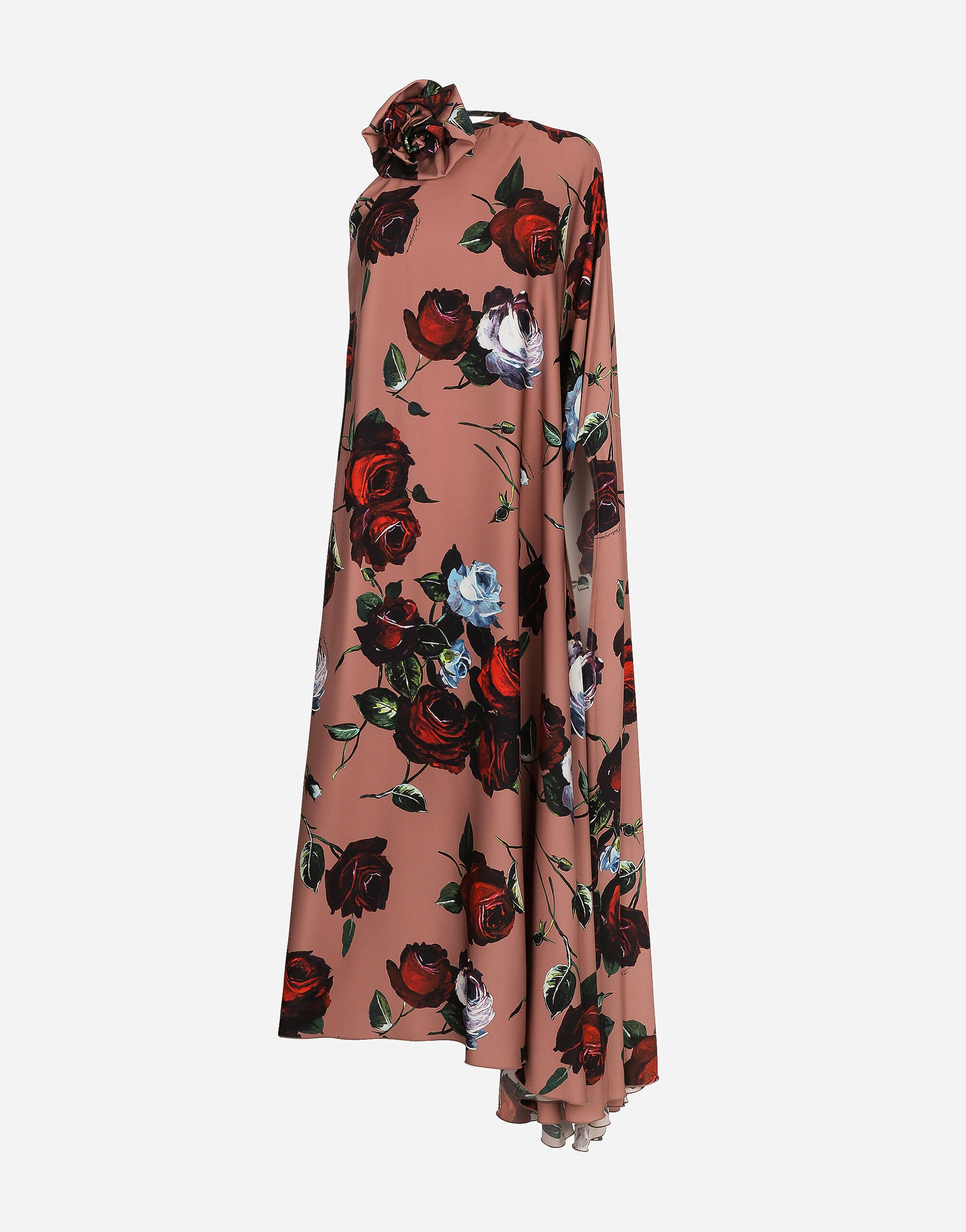 Dolce & Gabbana Asymmetrisches Kleid aus Charmeuse Vintage-Rosenprint Rosa F79DATFMMHN