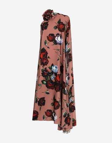 Dolce & Gabbana Robe asymétrique en charmeuse à imprimé roses vintage Rose F79DATFMMHN