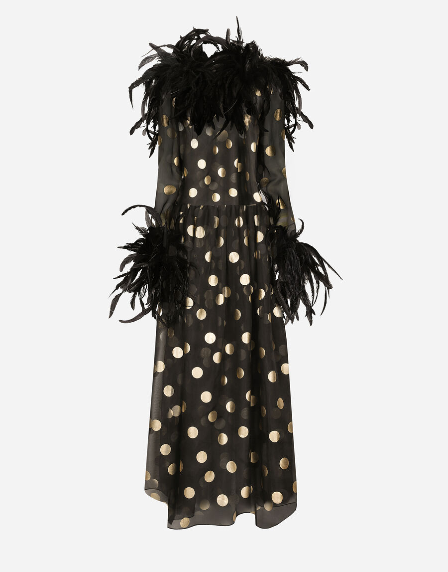 Long polka-dot silk organza dress with feathered details