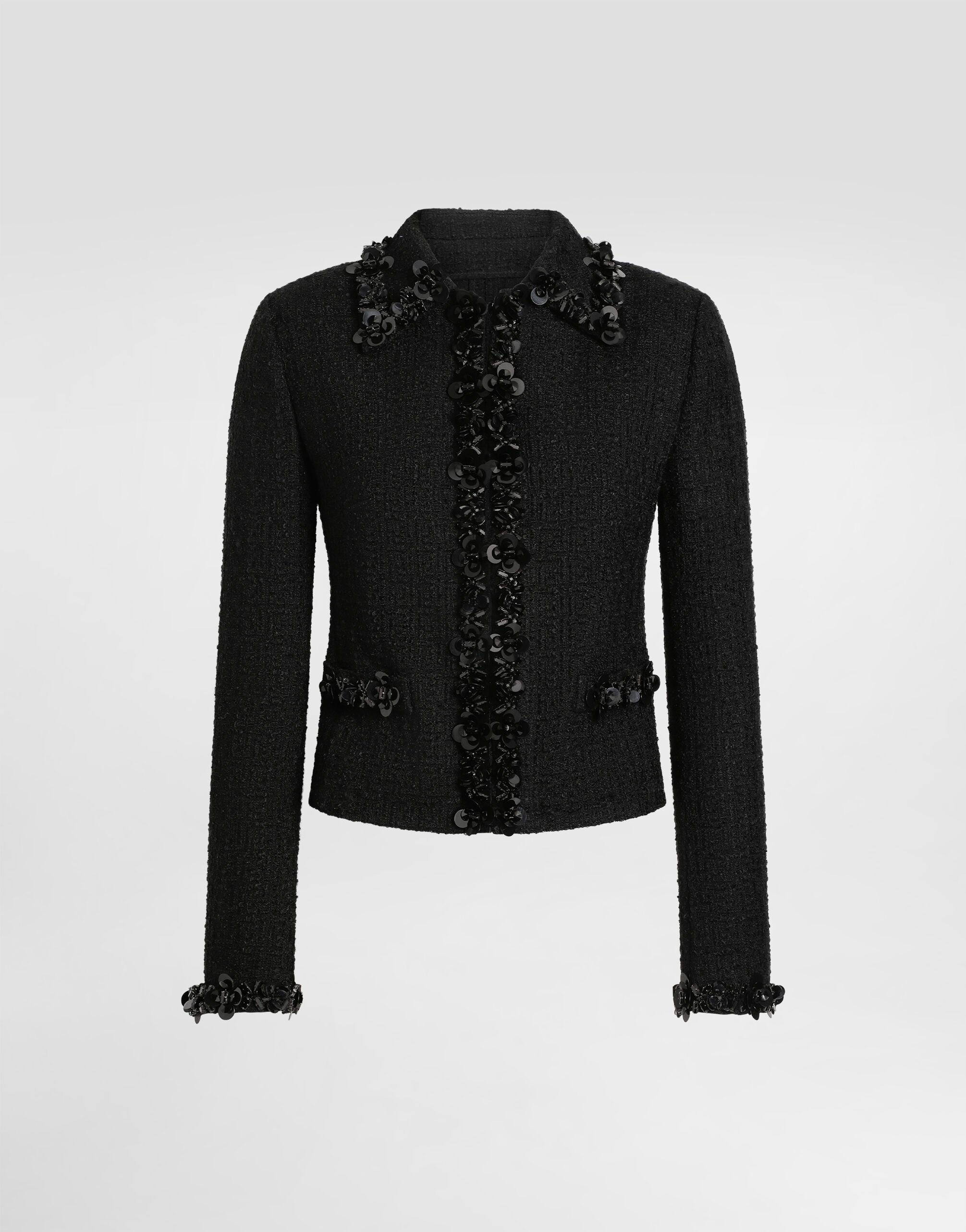 ジャケット Dolce & Gabbana SS25 Black tweed blazer (F27CETHUMKN N0000) Tweed jacket with micro-sequin embellishment and satin