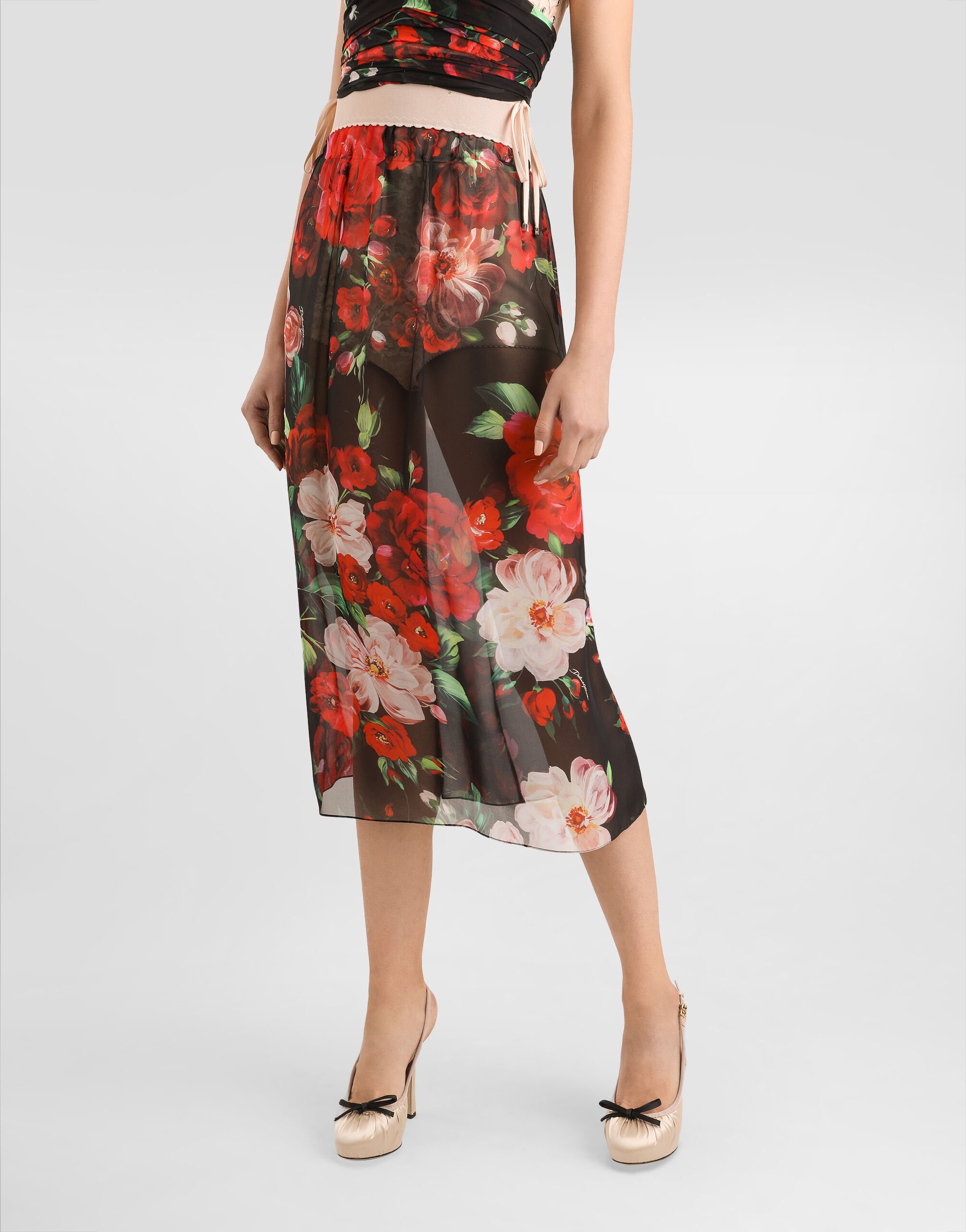 Rose-print chiffon calf-length skirt in Print for Women