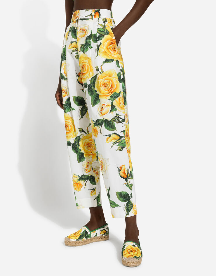 Dolce & Gabbana Pantalón de talle alto de algodón con estampado de rosas amarillas Imprima FTCJUTHS5NO